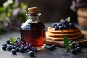 Aesthetic presentation of berry simple syrup in a glass bottle next to iced tea and pancakes