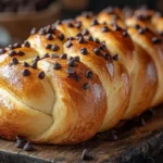 Golden braided chocolate chip brioche loaf on a wooden board.