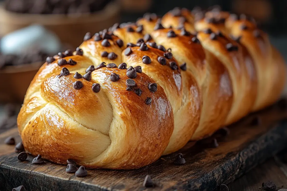 Golden braided chocolate chip brioche loaf on a wooden board.