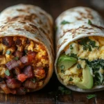 Breakfast Burrito and Breakfast Wrap on a Rustic Table