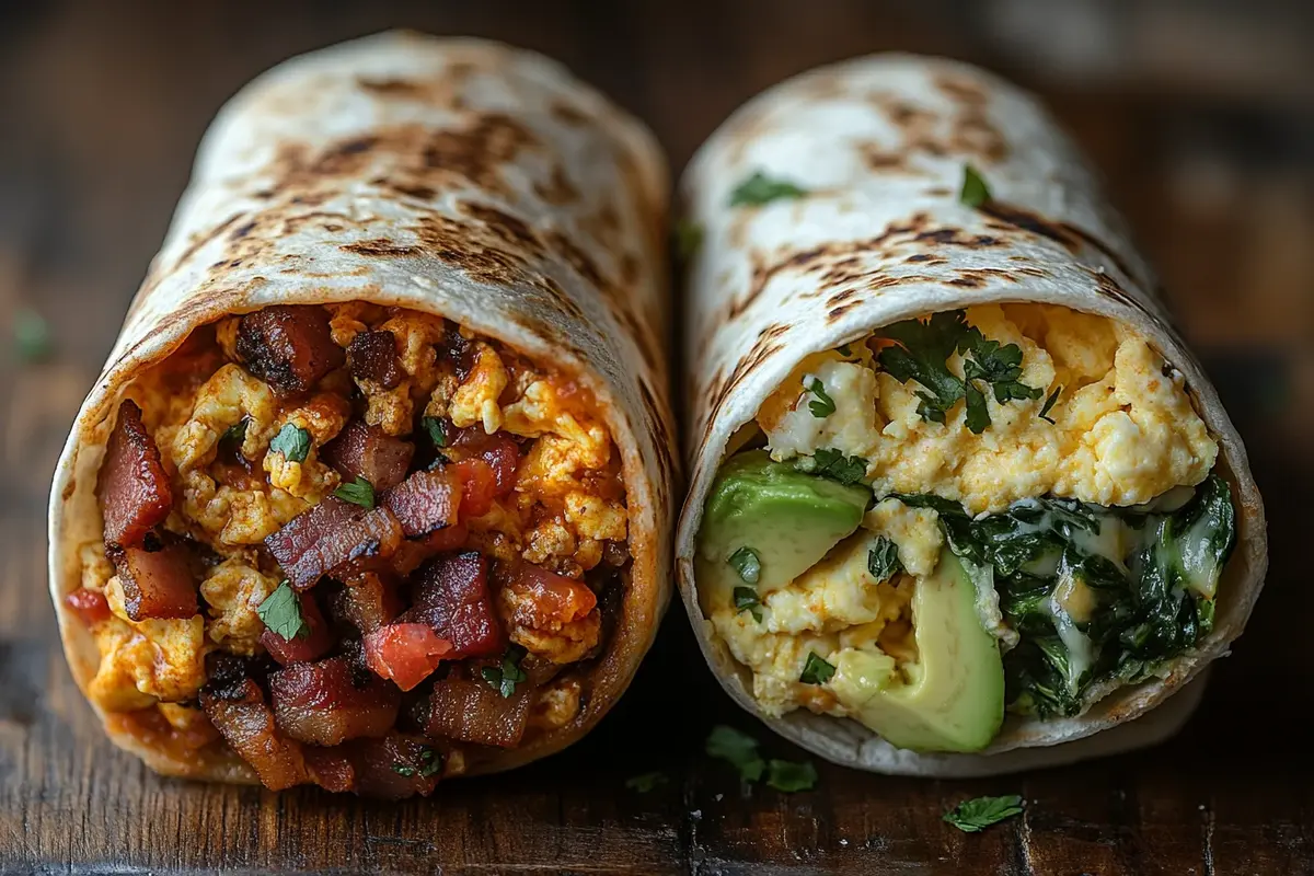 Breakfast Burrito and Breakfast Wrap on a Rustic Table