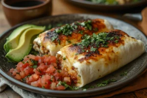 Healthy breakfast burrito with sides and coffee