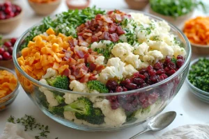 A finished broccoli cauliflower salad in a glass bowl with toppings