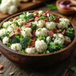 A bowl of broccoli cauliflower salad with bacon, cheese, and dressing.