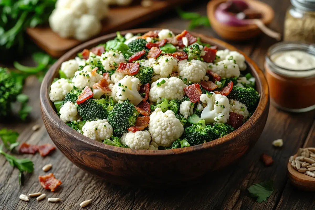 A bowl of broccoli cauliflower salad with bacon, cheese, and dressing.