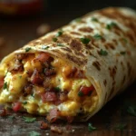 A Burger King breakfast burrito with eggs, bacon, cheese, hash browns, and spicy sauce.