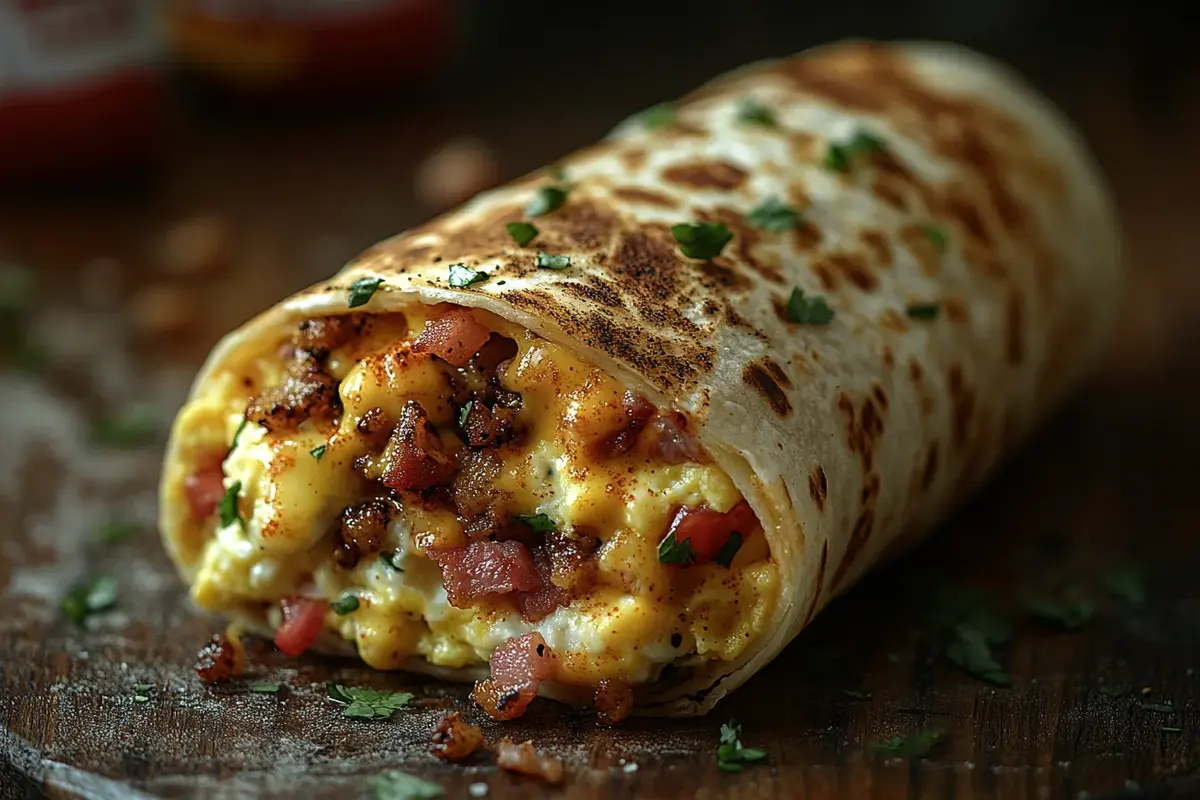 A Burger King breakfast burrito with eggs, bacon, cheese, hash browns, and spicy sauce.