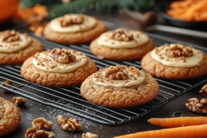 Baked carrot cake cookies cooling on a rack.