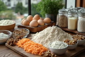 Ingredients for carrot cake cookies arranged on a counter.