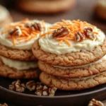 Freshly baked carrot cake cookies with cream cheese frosting.