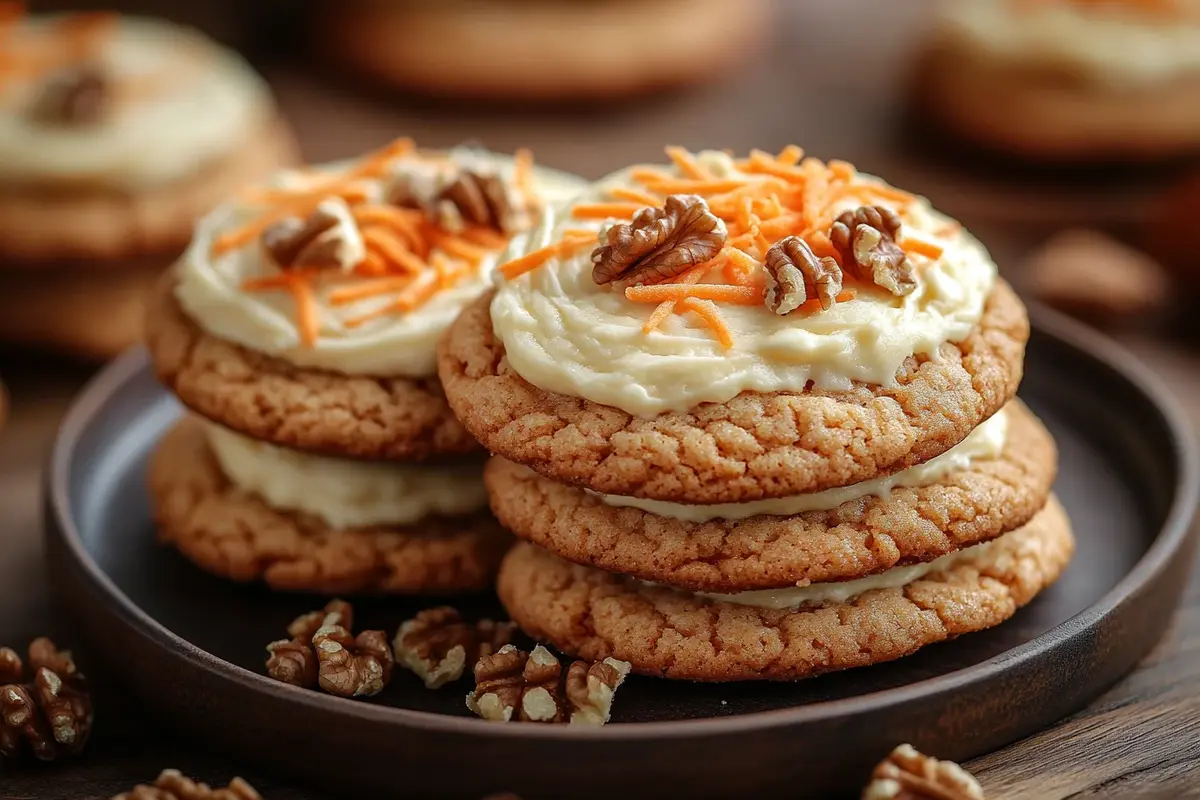 Freshly baked carrot cake cookies with cream cheese frosting.