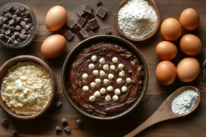 Ingredients for chocolate cookies with white chocolate chips, including cocoa, butter, eggs, and sugar.