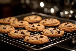 Freshly baked chocolate chip cookies cooling on a wire rack