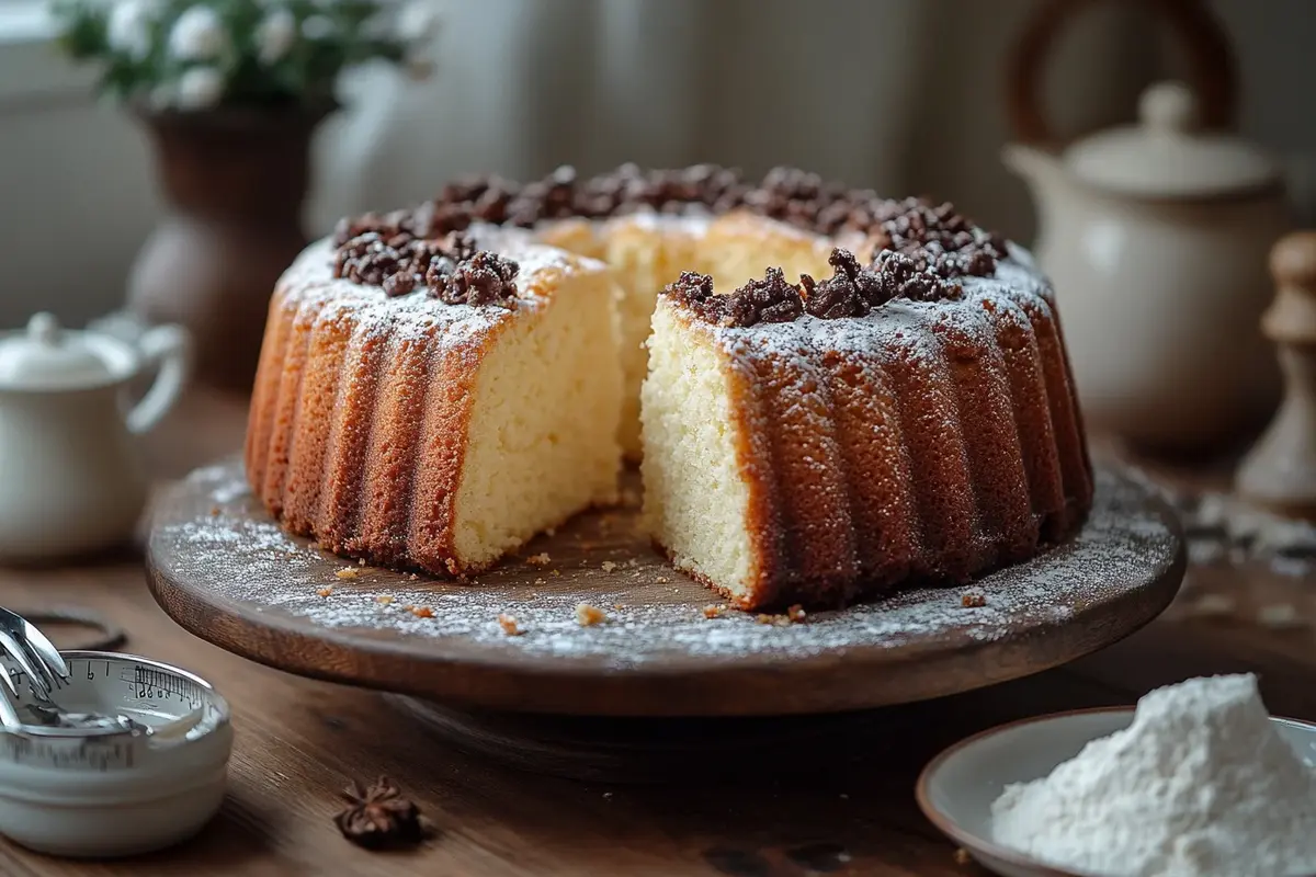 A perfectly baked cream cheese pound cake on a rustic wooden table with baking tools