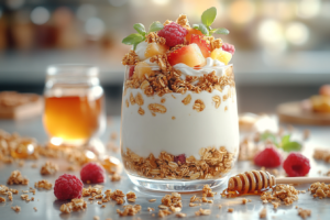 A yogurt parfait with Quaker granola cereal and fresh fruits.