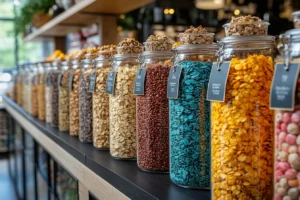 Modern granola product display with organic labels.