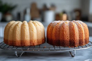 A fallen cream cheese pound cake compared to a perfectly baked one on wire racks.