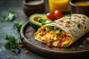 Freshly made breakfast burrito with eggs, avocado, and salsa on a wooden table