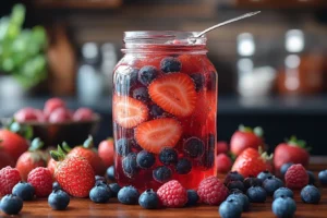 Glass jar of homemade berry simple syrup surrounded by fresh berries