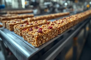 Granola bars being packaged on a production line.