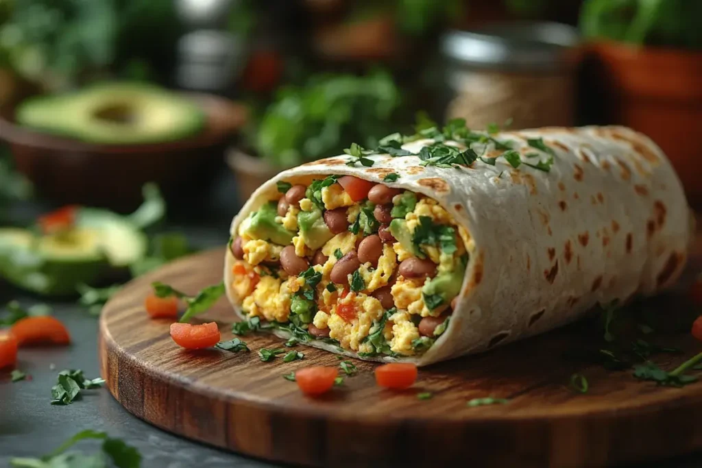 Healthy breakfast burrito with fresh ingredients