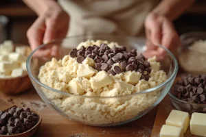 Baker mixing Nestle Toll House cookie dough with chocolate chips.