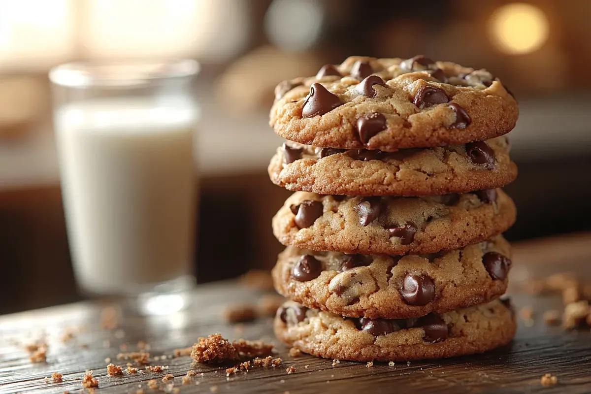 Freshly baked Nestle Toll House chocolate chip cookies with a glass of milk.