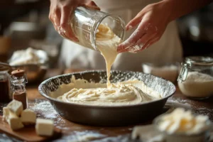 Baker pouring cream cheese pound cake batter into a bundt pan.