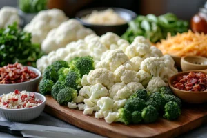 Freshly chopped broccoli and cauliflower with toppings nearby