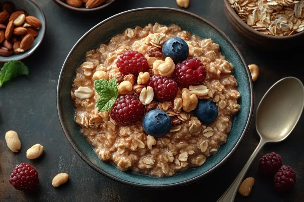 A bowl of Quaker granola cereal with berries on a wooden table