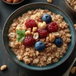 A bowl of Quaker granola cereal with berries on a wooden table