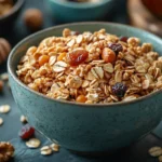 A bowl of granola cereal with nuts, raisins, and honey on a wooden table.