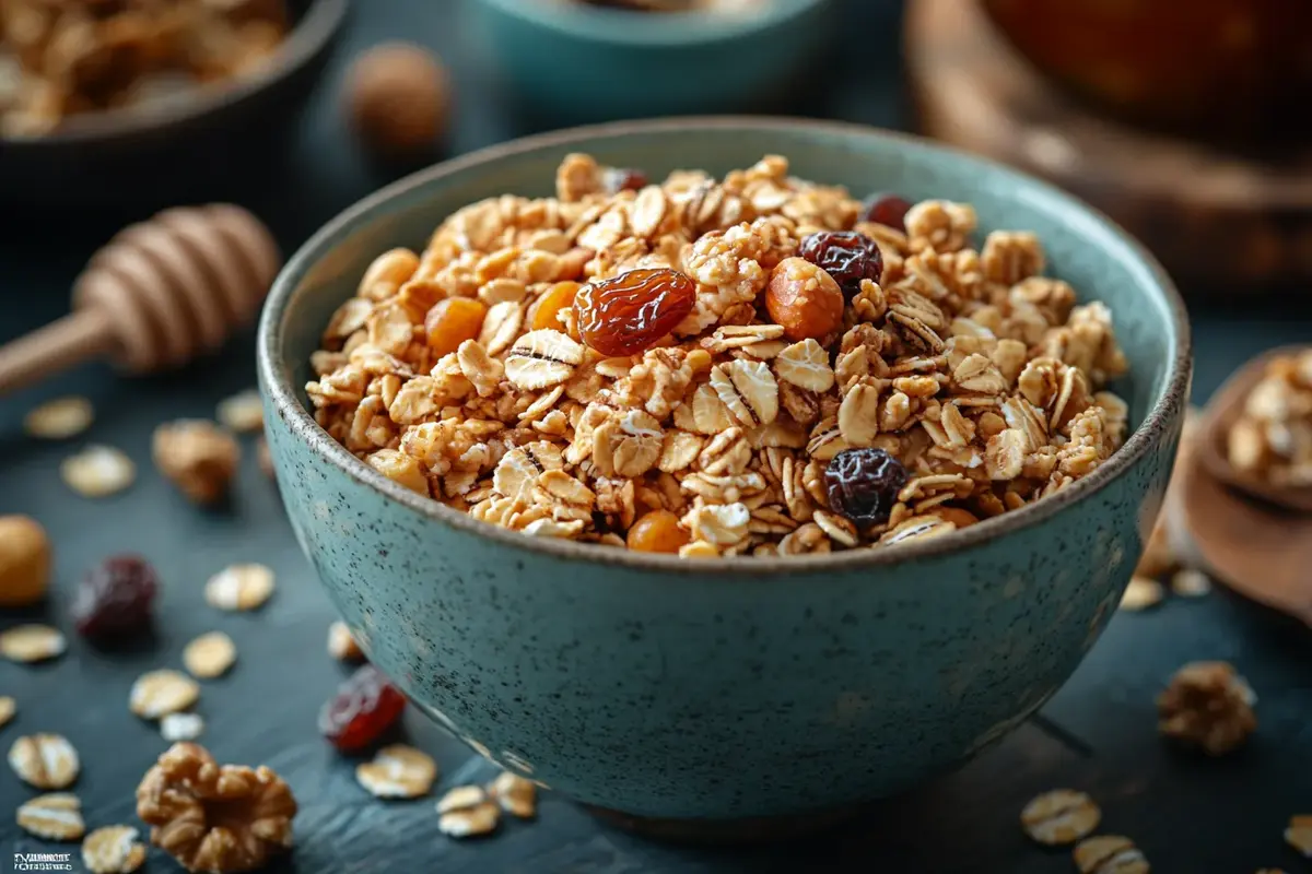 A bowl of granola cereal with nuts, raisins, and honey on a wooden table.