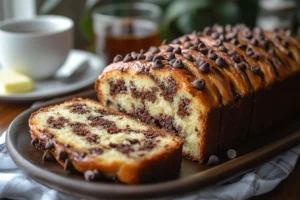 Sliced chocolate chip brioche loaf served with butter and coffee.