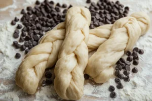 Braiding dough ropes for a chocolate chip brioche.