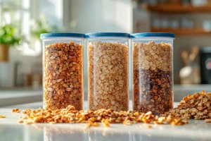 Quaker granola cereal packs in different flavors on a kitchen counter.